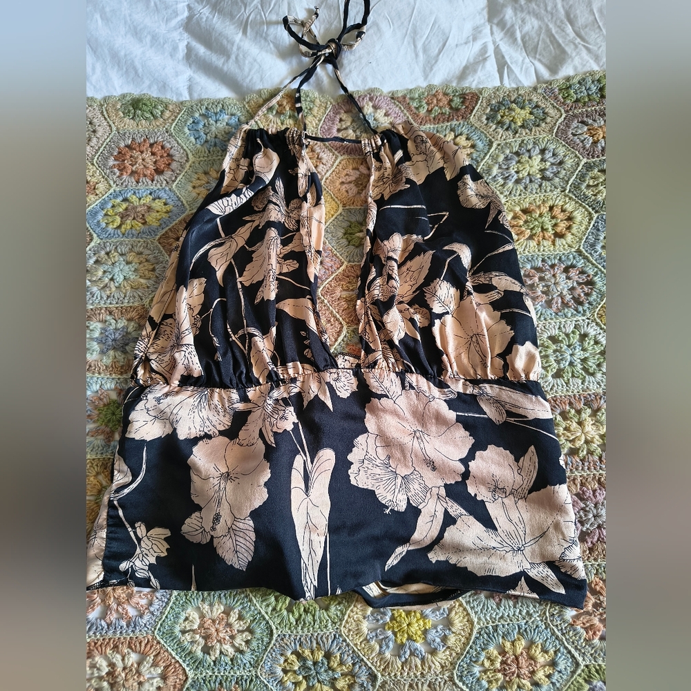 Therapy Vancouver Black Floral Silk Tie Back Halter Top M